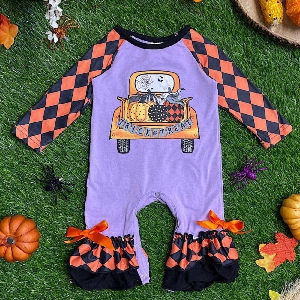 Halloween Trick or Treat Purple Orange Black Long Sleeve Ruffle Bow Romper NWOT
